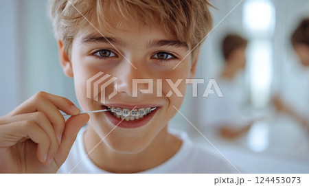 Smiling boy cleaning his braces with dental tool in bright bathroom 124453073
