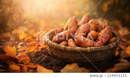 かごに入ったたくさんのさつまいも 124453115