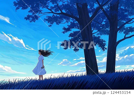 草原にたたずむ女性 124453154