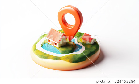 Red location pin marking house location on small island with grass, trees, and water, representing navigation, travel, and real estate concepts 124453284