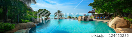 Inviting turquoise pool water sparkles under the sun at a luxury resort in pattaya, thailand, offering a tranquil escape with beach views 124453286
