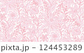 Seamless floral pattern of flowers and leaves in soft pink line drawings on a white background. Ideal for wallpapers, fabric patterns, clothing, home textiles, gift wrap, stationery. 124453289