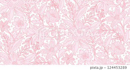 Seamless floral pattern of flowers and leaves in soft pink line drawings on a white background. Ideal for wallpapers, fabric patterns, clothing, home textiles, gift wrap, stationery. 124453289