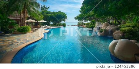 Inviting turquoise pool water sparkles under the sun at a luxury resort in pattaya, thailand, offering a tranquil escape with beach views Inviting turquoise pool water sparkles under the sun at a luxury resort in pattaya, thailand, offering a tranquil escape with beach views 124453290