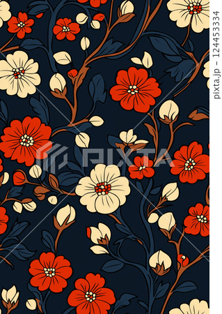 Seamless floral pattern featuring elegant red and yellow flowers blooming gracefully on a dark blue background, creating a captivating design 124453334