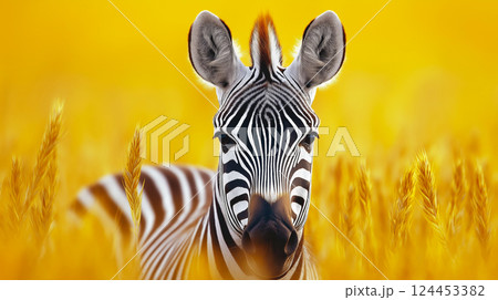 Plains zebra standing in tall yellow grass with a vibrant yellow blurred background Plains zebra standing in tall yellow grass with a vibrant yellow blurred background 124453382