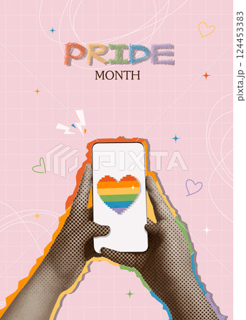 Hands holding a phone displaying a rainbow heart for Pride Month, vector illustration Hands holding a phone displaying a rainbow heart for Pride Month, vector illustration 124453383