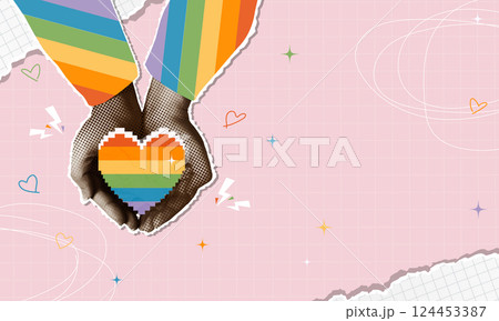 Interlocked rainbow hands forming a heart, symbolizing love and unity, vector illustration 124453387