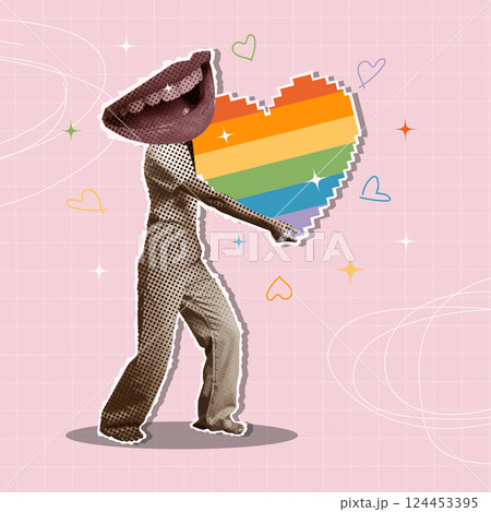 Stylized figure carrying a rainbow heart, celebrating love and pride, vector illustration 124453395