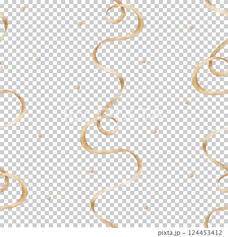 Watercolor pattern beige satin ribbons, dots. Seamless print silk pastel braid in retro style. Illustration on isolated background for design, fabric, clothes children, textile, packaging, hobby, 124453412