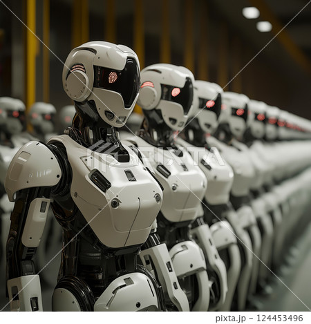 Row of humanoid robots standing in a line in a futuristic factory, artificial intelligence concept 124453496
