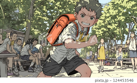 元気に駆け回っている小学生の男の子