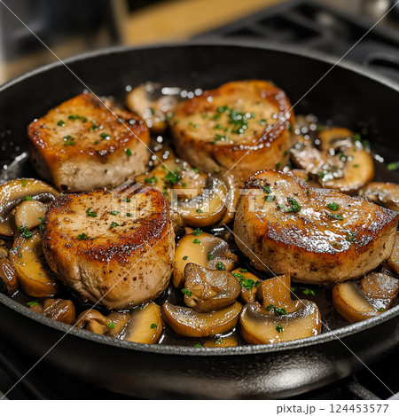 Delicious pan-seared pork chops are garnished with mushrooms and thyme, creating a mouthwatering culinary experience Delicious pan-seared pork chops are garnished with mushrooms and thyme, creating a mouthwatering culinary experience 124453577