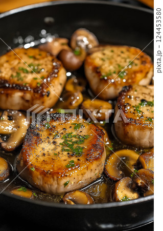 Delicious pan-seared pork chops are garnished with mushrooms and thyme, creating a mouthwatering culinary experience Delicious pan-seared pork chops are garnished with mushrooms and thyme, creating a mouthwatering culinary experience 124453580