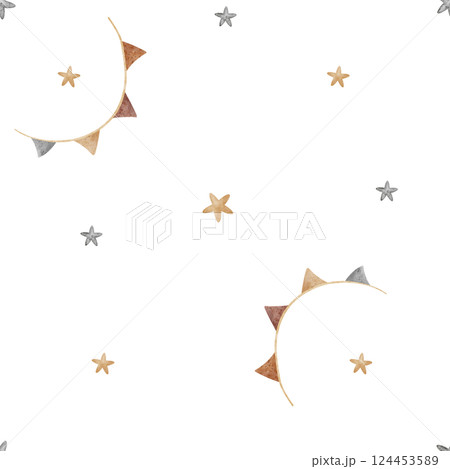Watercolor pattern of stars, garland of flags. Seamless print simple dynamic in retro style. Children's illustration on an isolated background for design, fabric, clothes, textiles, packaging, cards 124453589