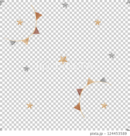 Watercolor pattern of stars, garland of flags. Seamless print simple dynamic in retro style. Children's illustration on an isolated background for design, fabric, clothes, textiles, packaging, cards 124453589