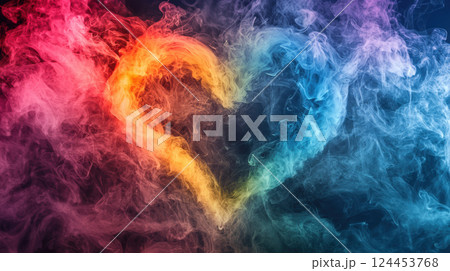 Rainbow heart symbol. Vibrant heart shape formed by colorful smoke swirls, blending red, orange, blue, and purple hues 124453768