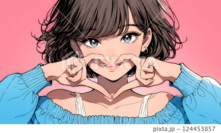 手指でハートサインを作っている若い女性
