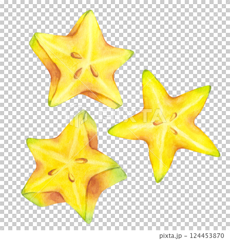 Slice yellow tropical Starfruit watercolor. Averrhoa carambola or Bilimbi. Botanical exotic star apple. Hand drawn illustration isolated on white background. For menu, recipes, logo, package design 124453870