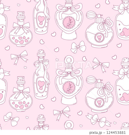 Outline Vintage Seamless Pattern. Coquette Magic Bottle with cork and Perfume with Ribbon Bow on Pink Background. Romantic Girly Vibe. Trendy aesthetic template. Vector illustration. Line drawing Outline Vintage Seamless Pattern. Coquette Magic Bottle with cork and Perfume with Ribbon Bow on Pink Background. Romantic Girly Vibe. Trendy aesthetic template. Vector illustration. Line drawing 124453881