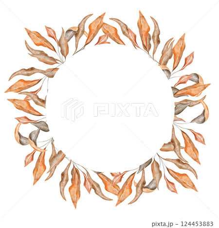 Autumn circle round frame with dry watercolor leaves, branches. Fall background. Watercolor hand drawn illustrattion. Digital aquarelle label. Isoalted on white background 124453883