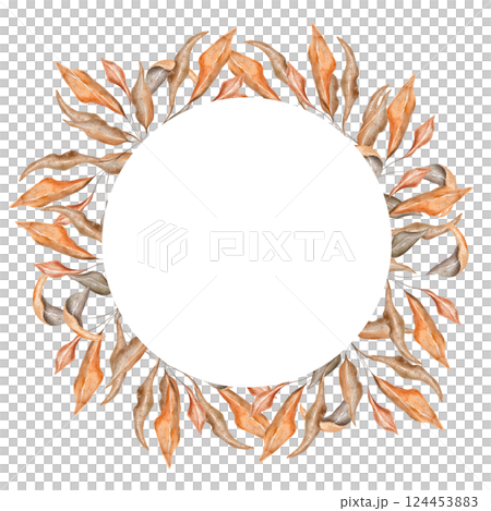 Autumn circle round frame with dry watercolor leaves, branches. Fall background. Watercolor hand drawn illustrattion. Digital aquarelle label. Isoalted on white background Autumn circle round frame with dry watercolor leaves, branches. Fall background. Watercolor hand drawn illustrattion. Digital aquarelle label. Isoalted on white background 124453883