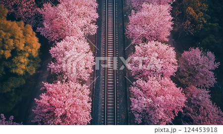シンメトリーに広がる桜並木と無限に続く線路 124453918