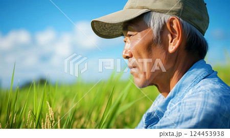 田植えに向き合う農家の横顔と広がる大空 田植えに向き合う農家の横顔と広がる大空 124453938