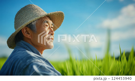 田植えに向き合う農家の横顔と広がる大空 124453940