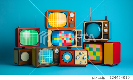 レトロテレビが積み重なったカラフルなビジュ. レトロテレビが積み重なったカラフルなビジュ. 124454019
