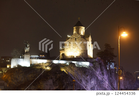 The Virgin Mary Assumption Church of Metekhi in Tbilisi at night 124454336