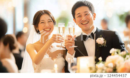 幸せの祝杯 – 乾杯する新郎新婦と笑顔 124454437
