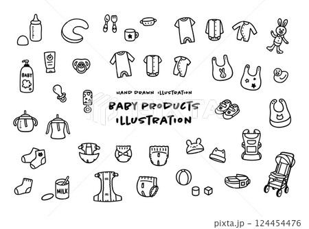 かわいい手描きのベビー用品イラストセット かわいい手描きのベビー用品イラストセット 124454476
