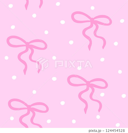 Cute Coquette seamless pattern. Pretty Girly Bows and Dots on Pink background. Trendy feminine romantic template for wedding cards, nursery, wrapping. Vector Illustration. Cute Coquette seamless pattern. Pretty Girly Bows and Dots on Pink background. Trendy feminine romantic template for wedding cards, nursery, wrapping. Vector Illustration. 124454528