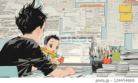 自宅でのリモートワークの場面：子どもが気になって集中できない