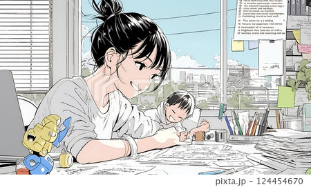 自宅でのリモートワークの場面：子どもが気になって集中できない