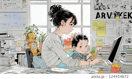 自宅でのリモートワークの場面：子どもが気になって集中できない