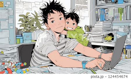 自宅でのリモートワークの場面：子どもが気になって集中できない