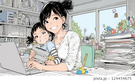 自宅でのリモートワークの場面：子どもが気になって集中できない