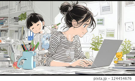 自宅でのリモートワークの場面：子どもが気になって集中できない