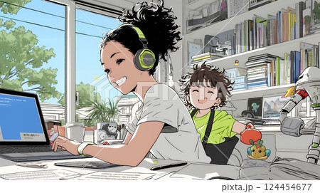 自宅でのリモートワークの場面：子どもが気になって集中できない