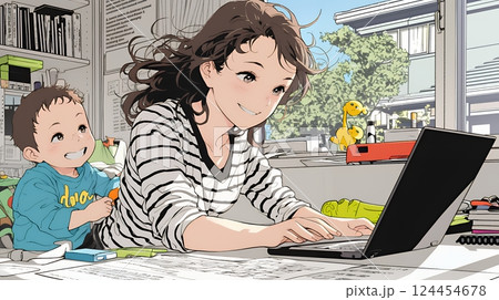 自宅でのリモートワークの場面：子どもが気になって集中できない