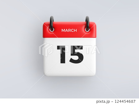 3D calendar icon with date 15 March on grey background. Vector schedule symbol. 124454687