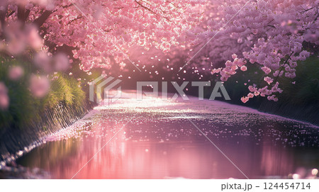 桜並木に囲まれた小川と花びらが舞う春の景色 124454714