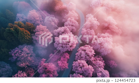 霞に包まれる早朝の桜並木 124454723