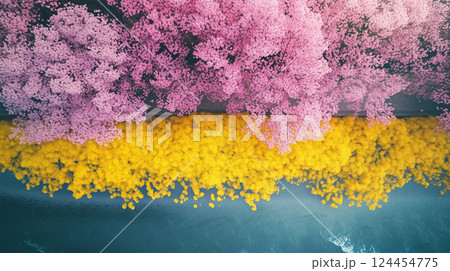 桜と菜の花が咲き誇る日本の春の川辺風景 124454775