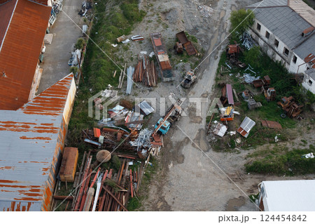Top view of construction with pipes and onstruction garbage 124454842