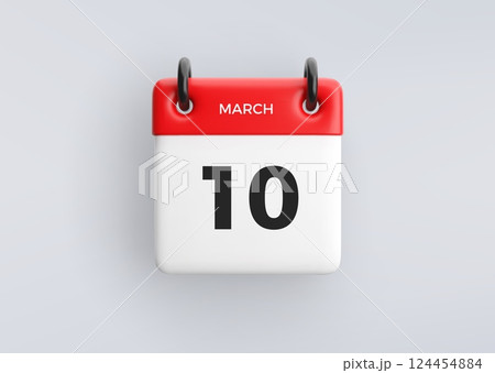 3D calendar icon with date 10 March on grey background. Vector schedule symbol. 3D calendar icon with date 10 March on grey background. Vector schedule symbol. 124454884