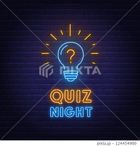 Quiz Night neon sign on brick wall background. 124454900