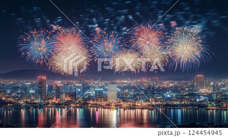 花火と美しい夜景。夏祭りの花火大会。カウントダウンや独立記念日を祝う花火 124454945